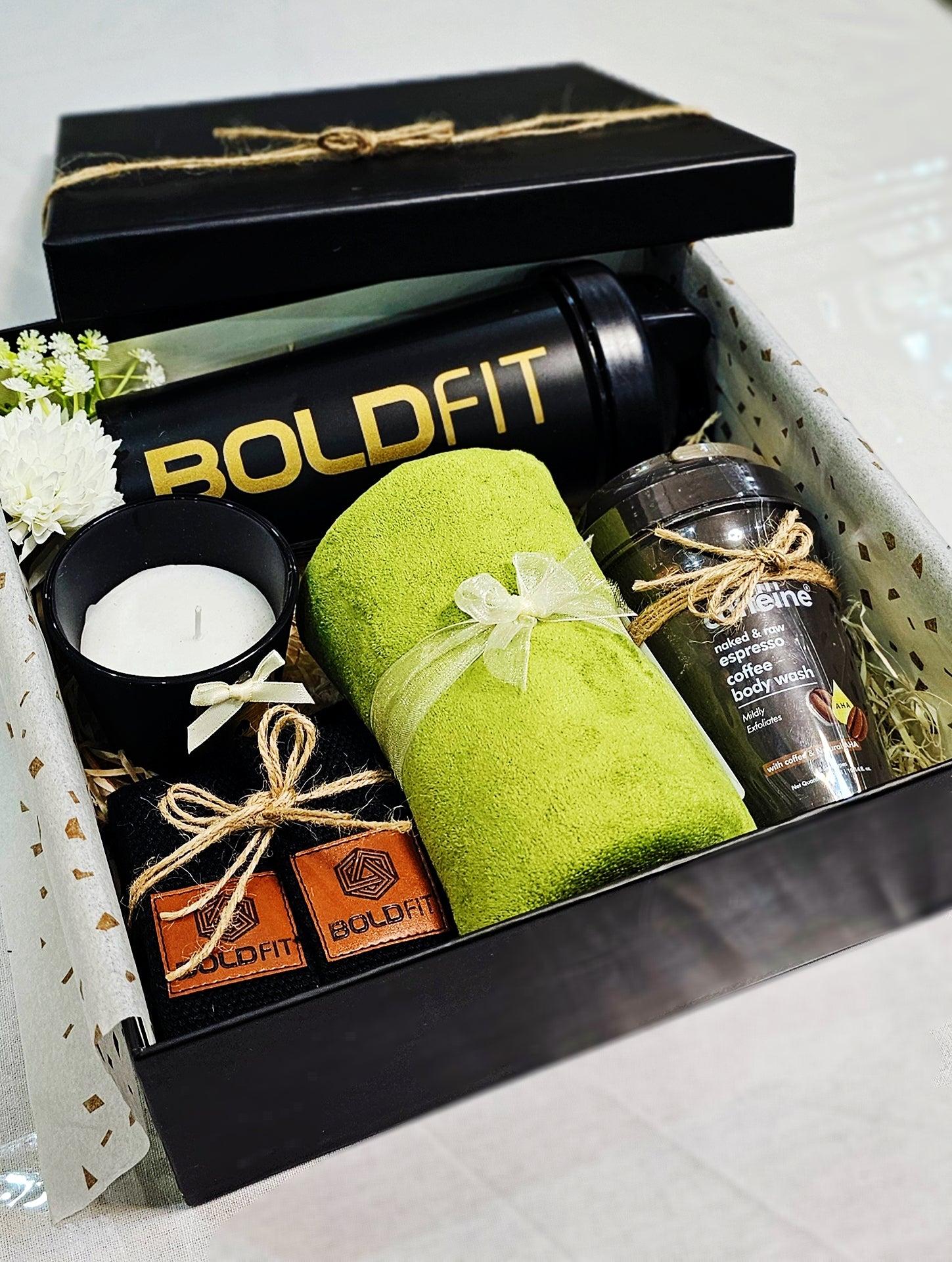 Iron & Glow Hamper – Gym Shaker, Straps, Towel & Body Wash - Gifttohampers