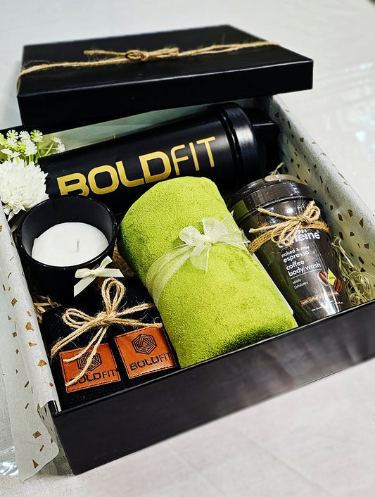 Iron & Glow Hamper – Gym Shaker, Straps, Towel & Body Wash - Gifttohampers
