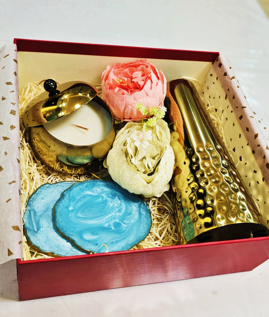 Luxe Haven – Brass Vase, Candle & Coasters Hamper