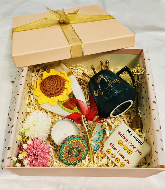 Queen’s Glow Hamper – Mug, Sunflower, Candle & Butterfly Clips - Gifttohampers