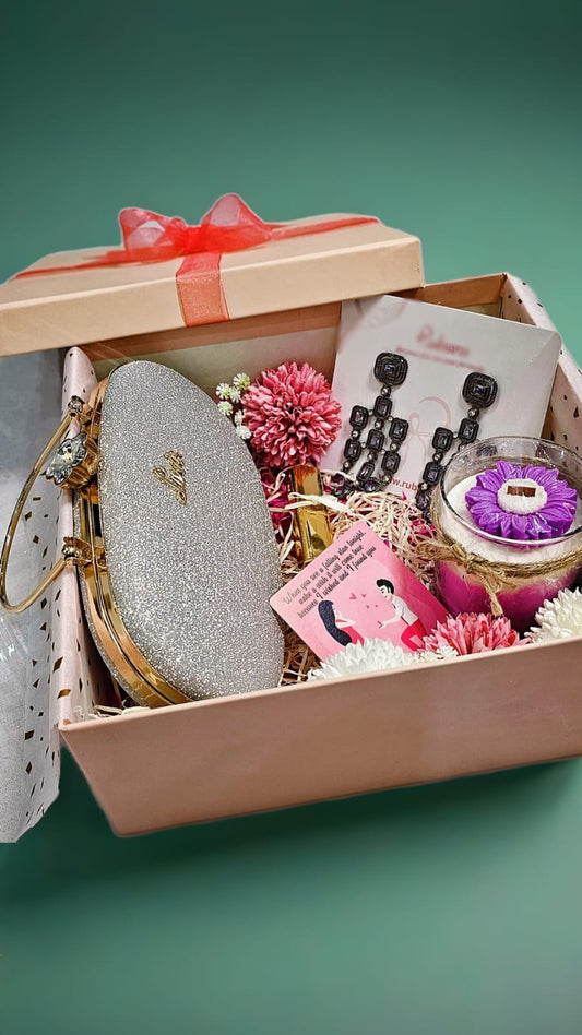 Elegant Gift for Her Hamper – Clutch, Candle, Lipstick & Earrings - Gifttohampers