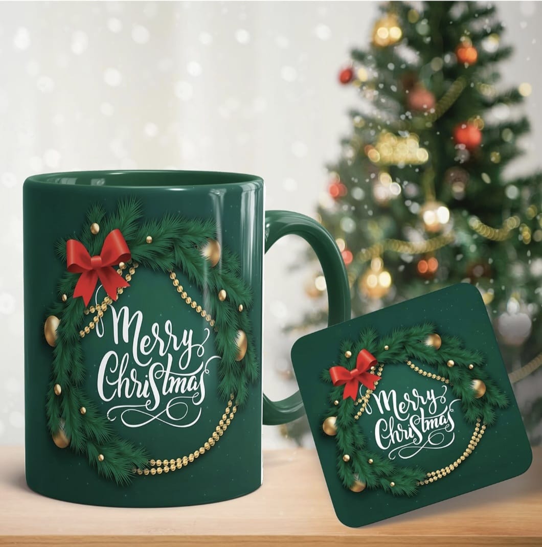 Merry Christmas Green Ceramic Mug Gift Set